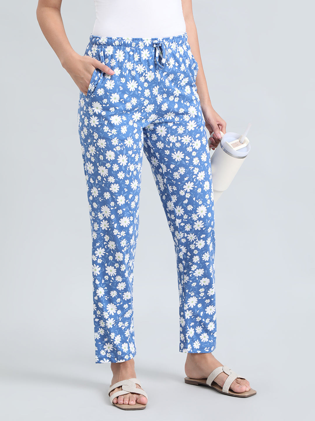 Blue Cotton Knit Printed Lounge Pants