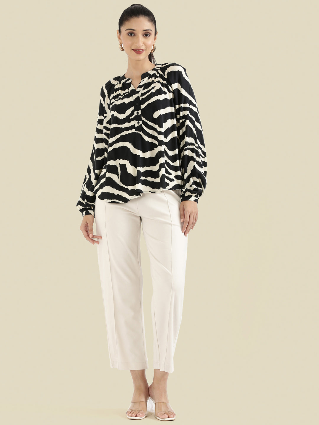 Viscose Loose Fit Mandarin Collar Printed Blouse