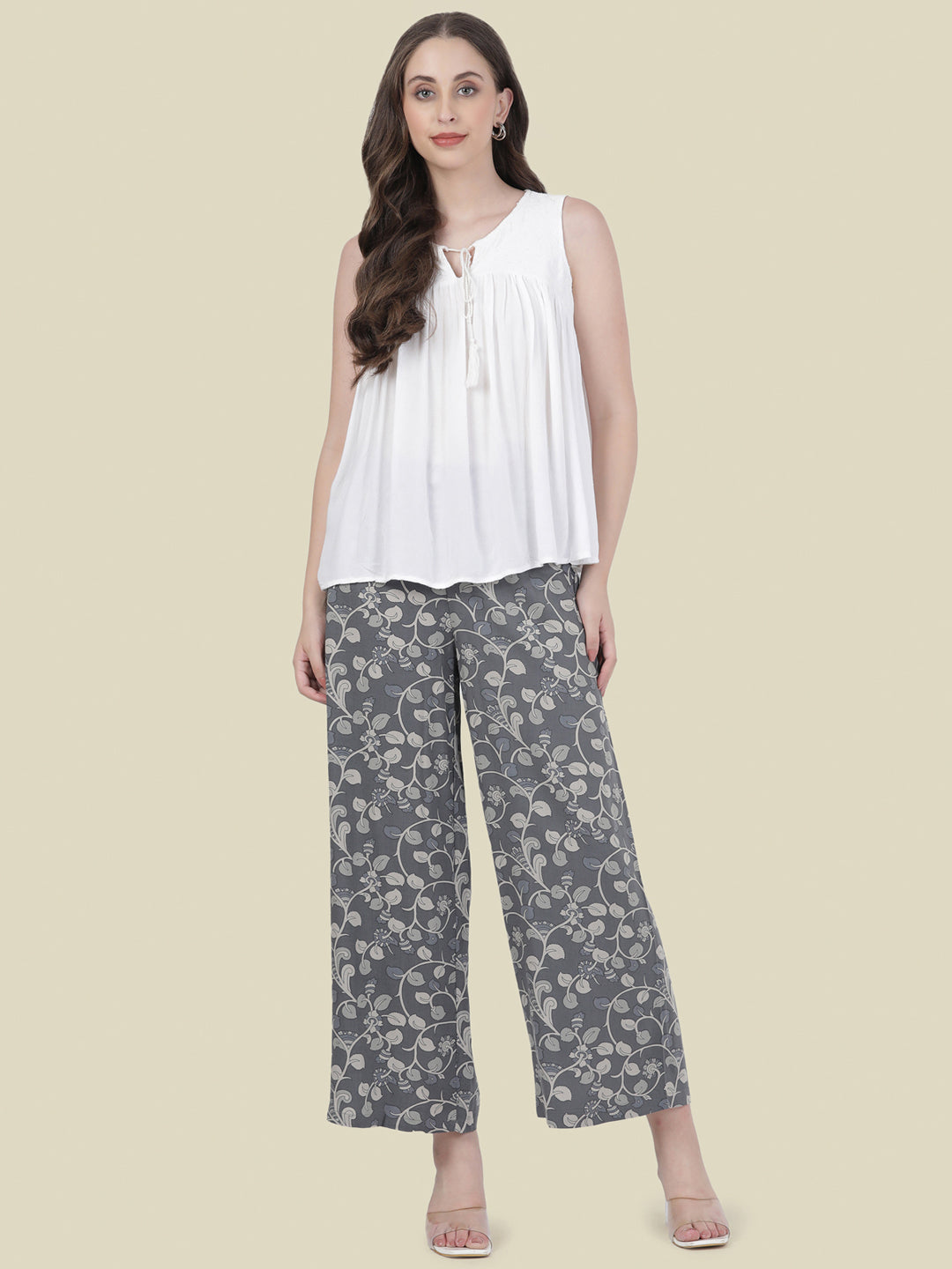 Grey Woven Viscose Printed Palazzo