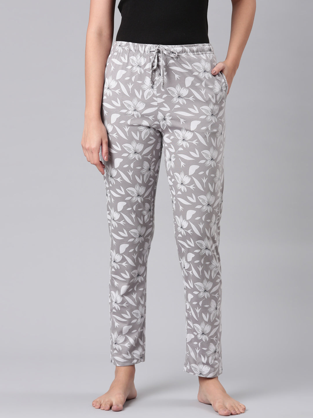 Grey Cotton Knit Printed Lounge Pants