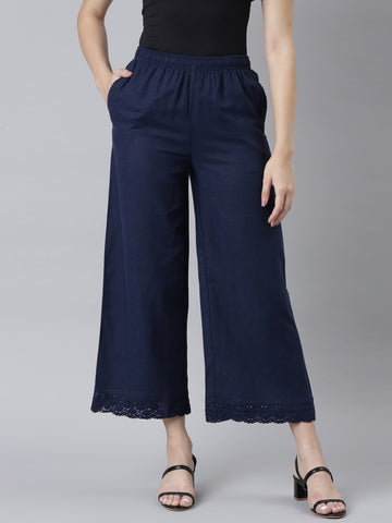 Women Solid Navy Mid Rise Linen Wide Pant