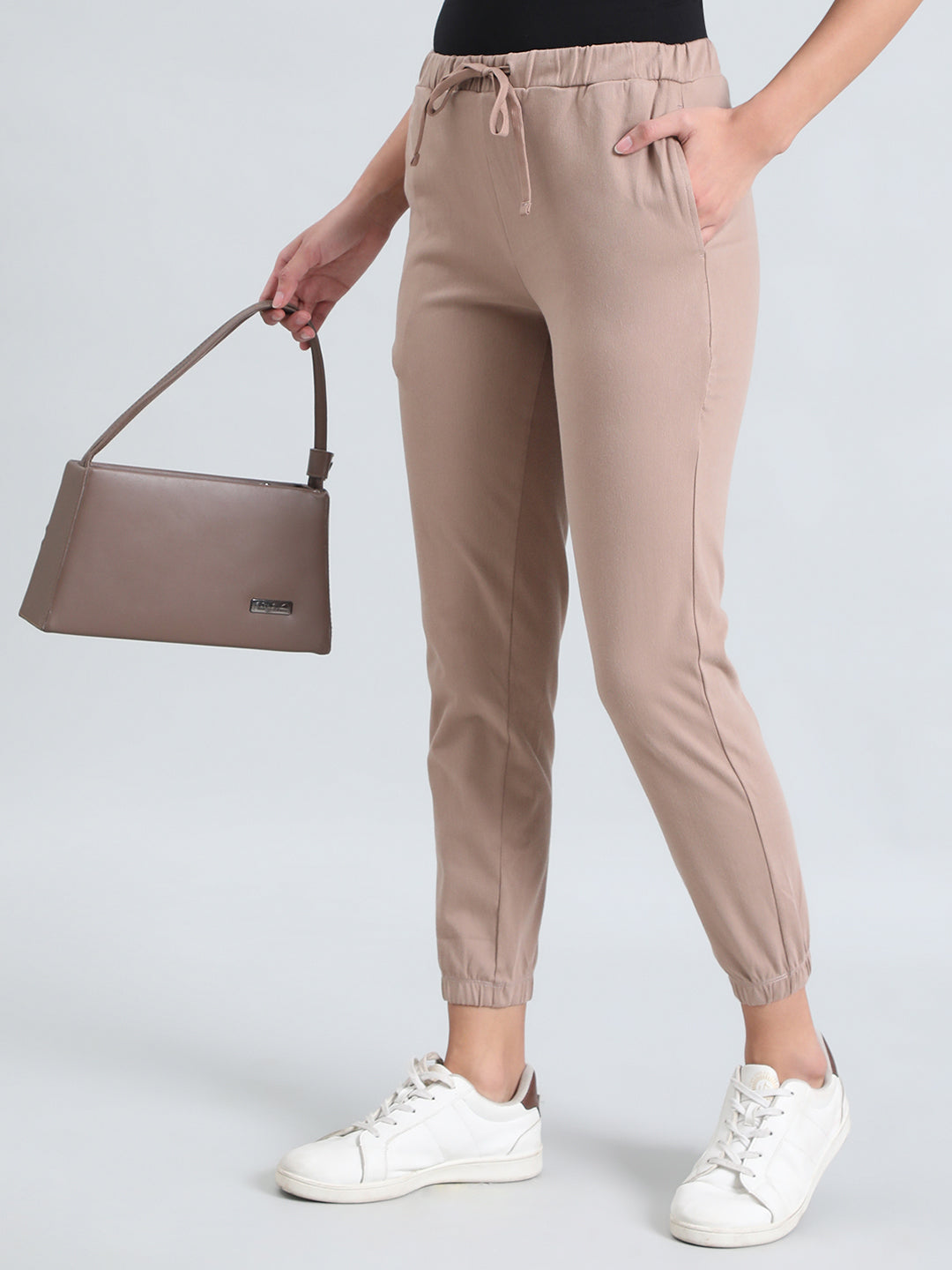 Light Brown Cotton Poly Stretch Cuffed Joggers