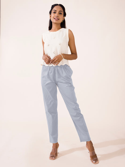 Ice Blue Cotton Cambric Cotton Pants