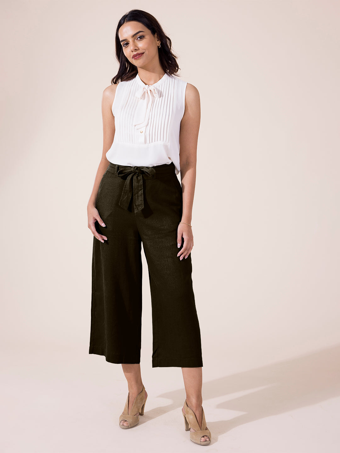 Olive Green Linen Blend Culottes