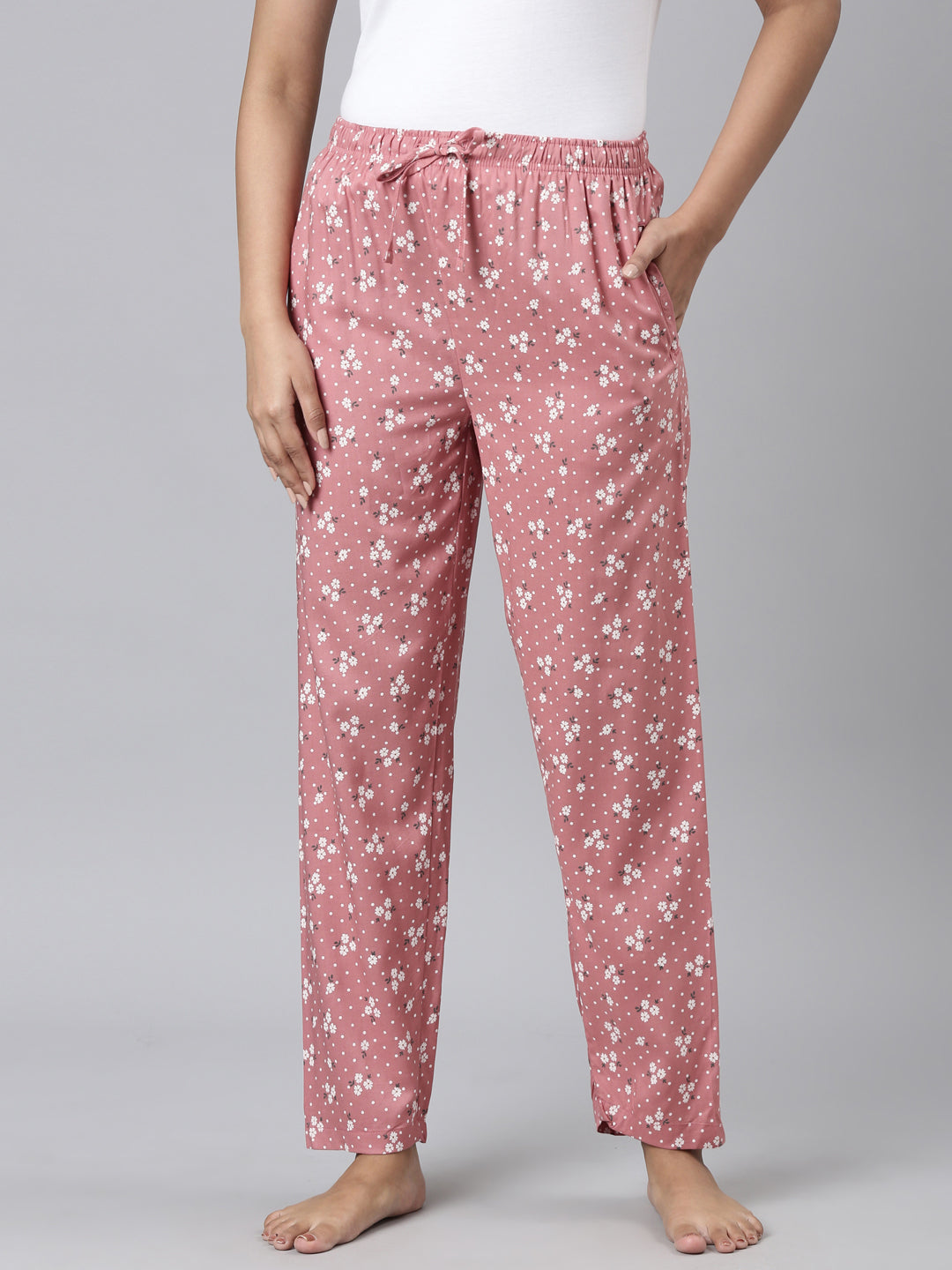 Women Printed Medium Pink Woven Viscose Mid Rise Lounge Pants