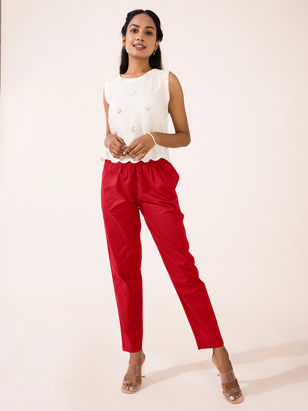 Cotton Pants for Women's  Solid Cherry Comfort Fit Cotton Pants
