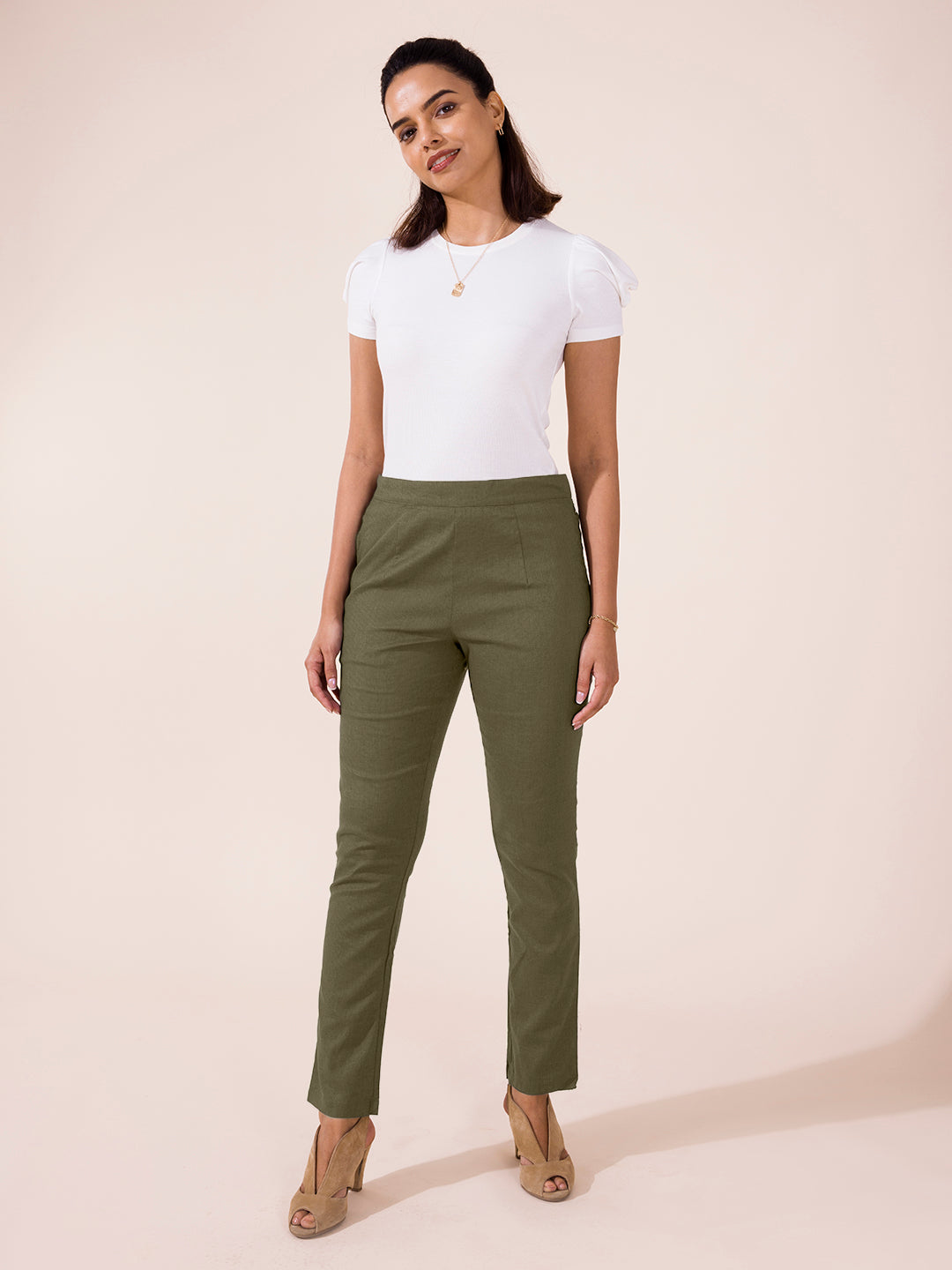 Olive Green Linen Pencil Pant