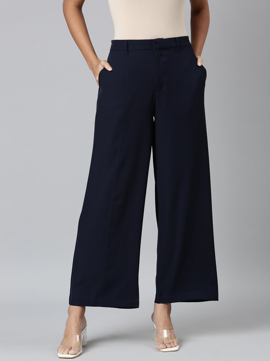 Women Solid Navy Crepe Wide Pants