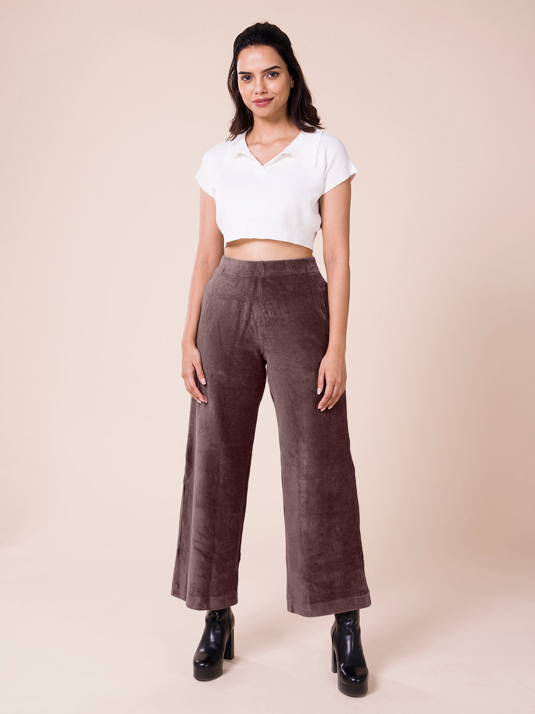 Women Solid Dark Brown Mid Rise Corduory Wide Pants