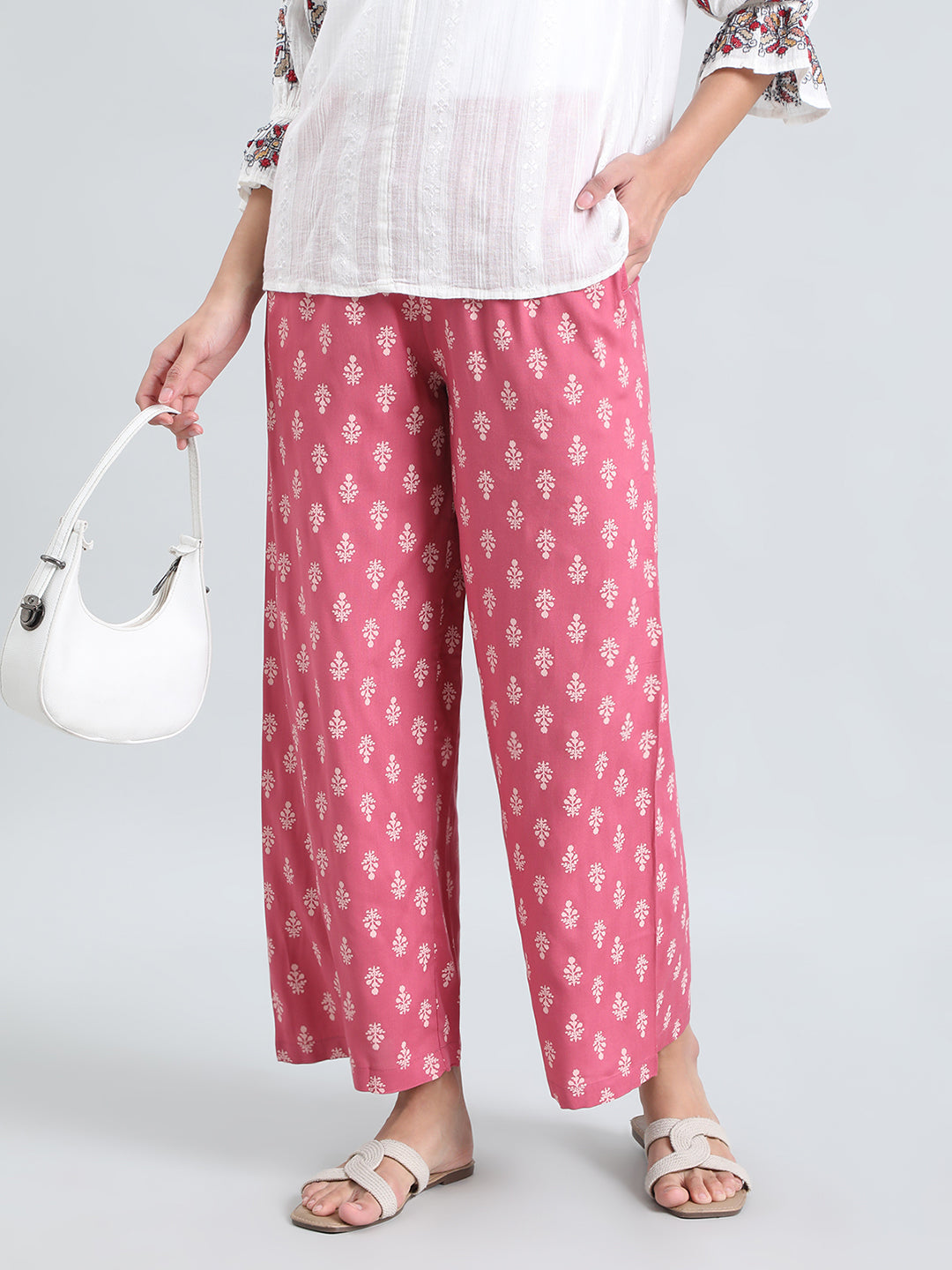 Medium Pink Woven Viscose Printed Palazzo