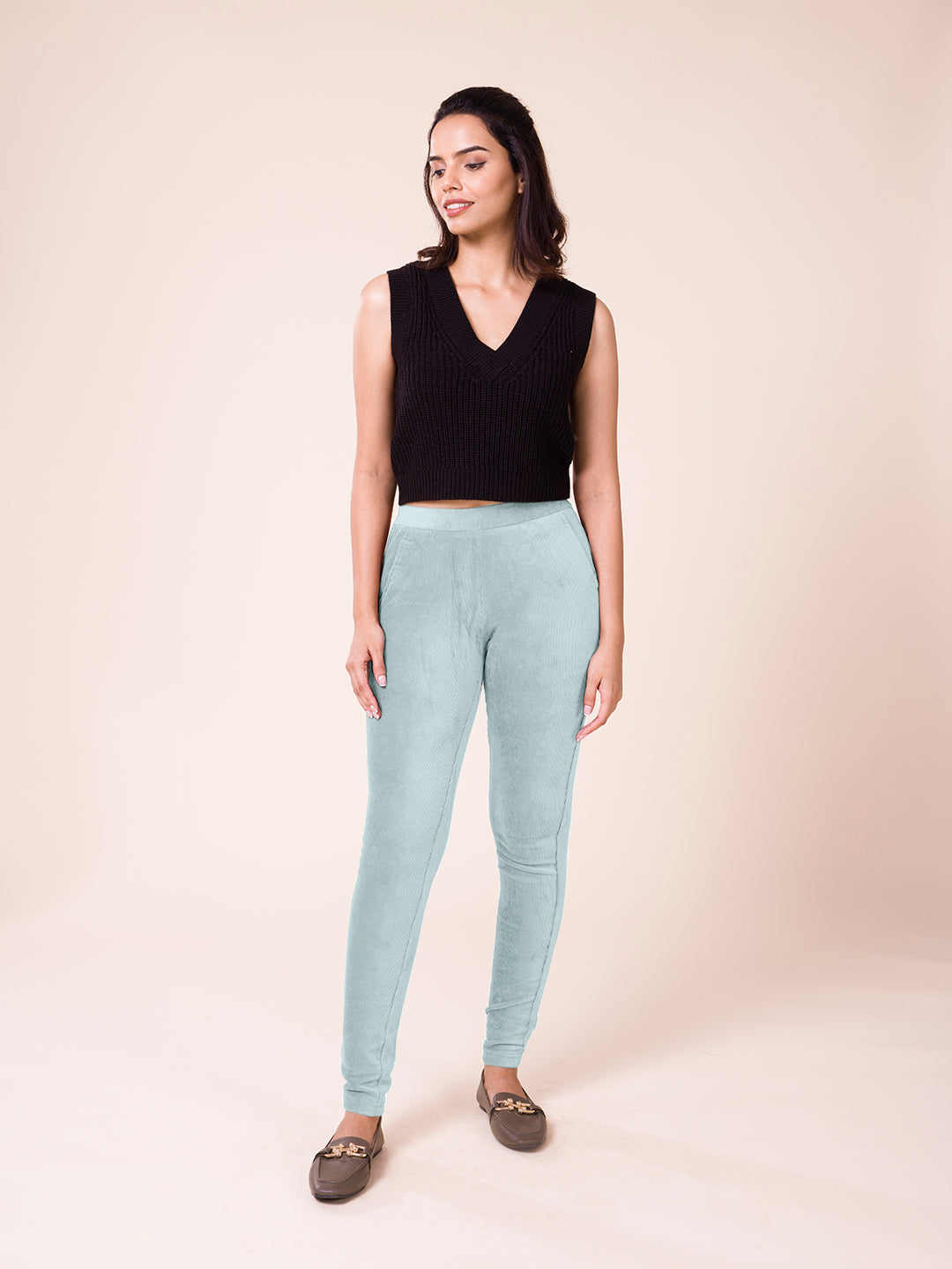 Dusty Blue Cotton Polyester Corduroy Jeggings