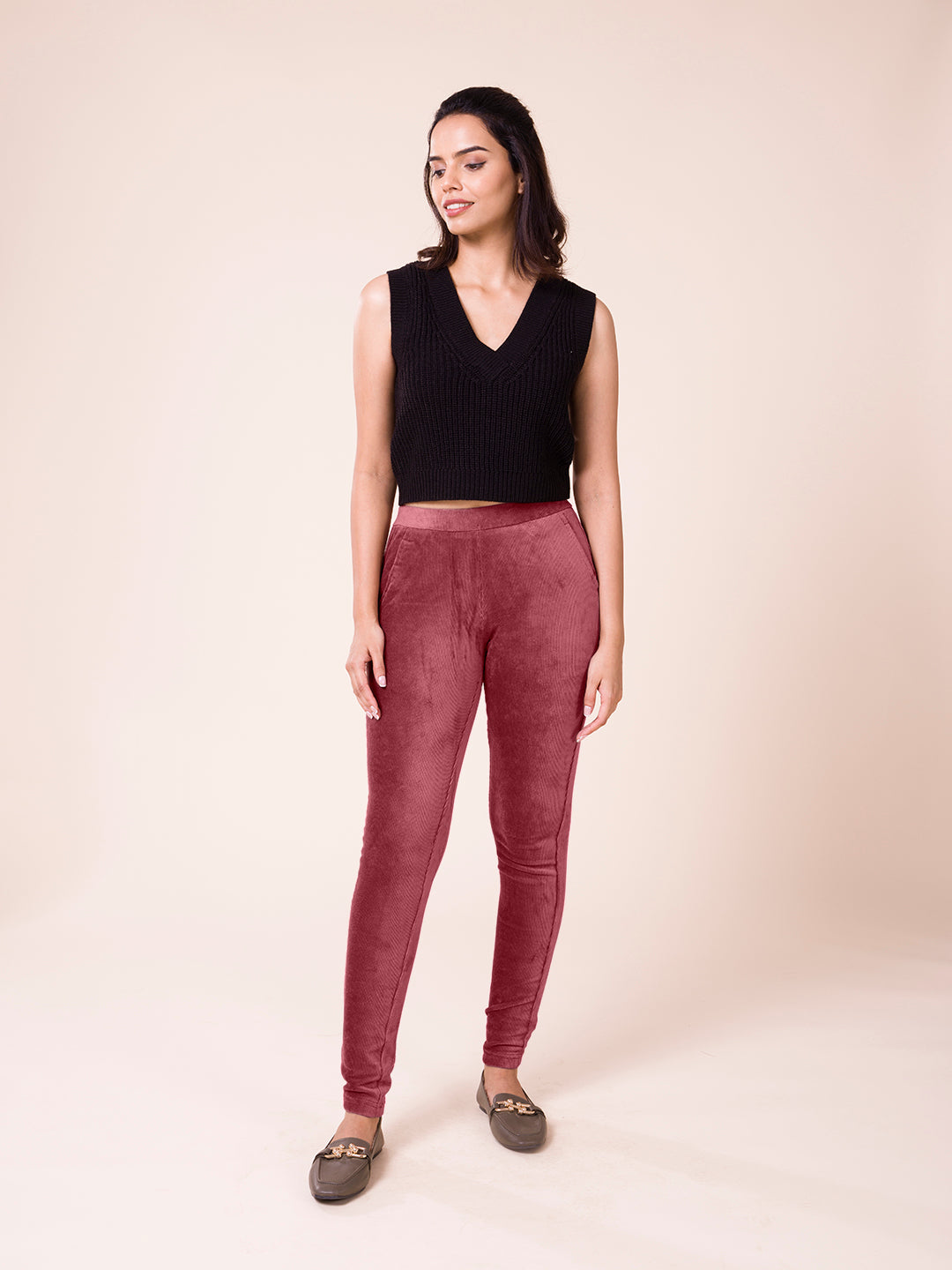 Light Wine Cotton Polyester Corduroy Jeggings