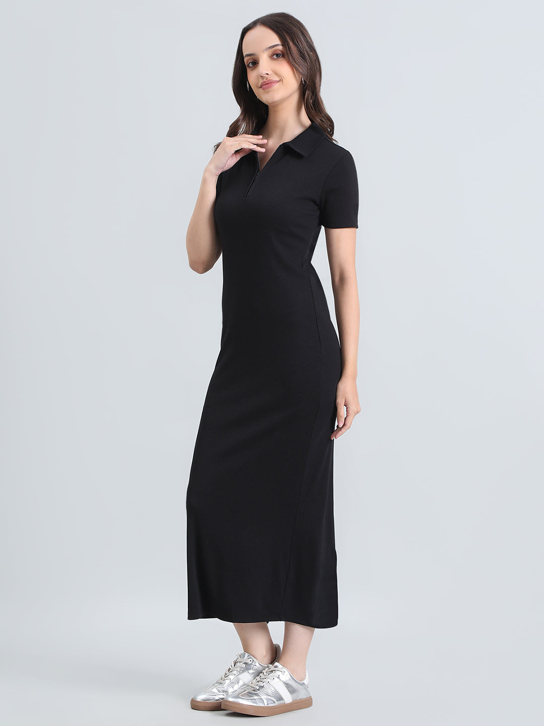 Rib Cotton Slim Fit Polo Neck Long Dress