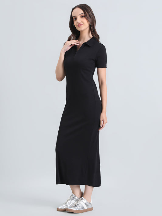 Rib Cotton Slim Fit Polo Neck Long Dress