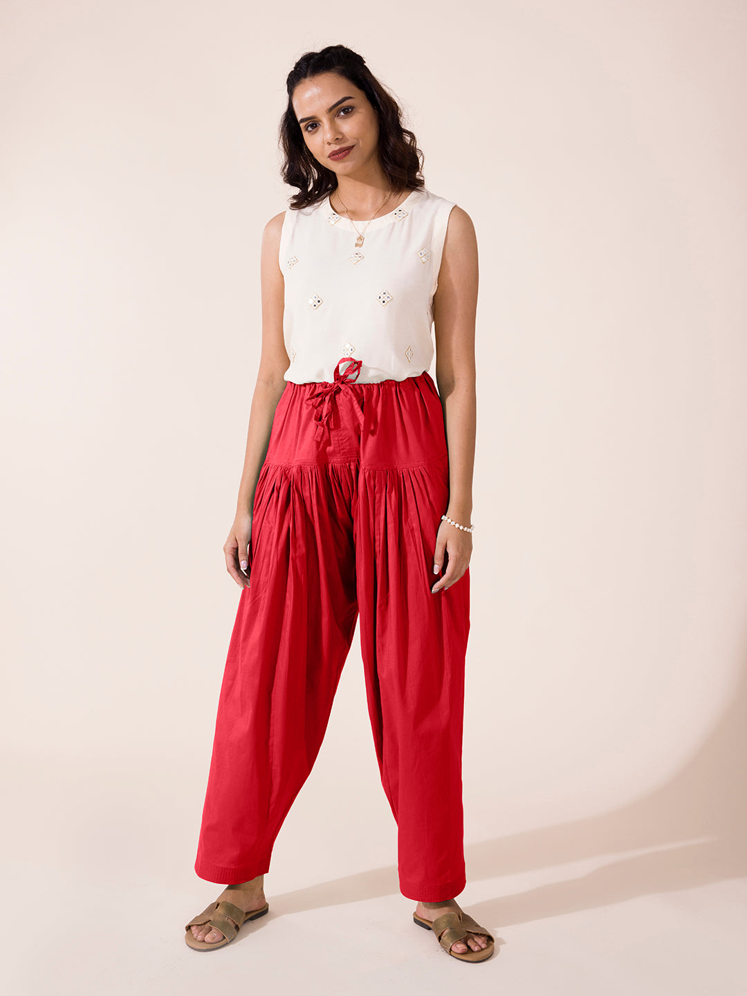 Women Solid Bright Red Patiala Pants