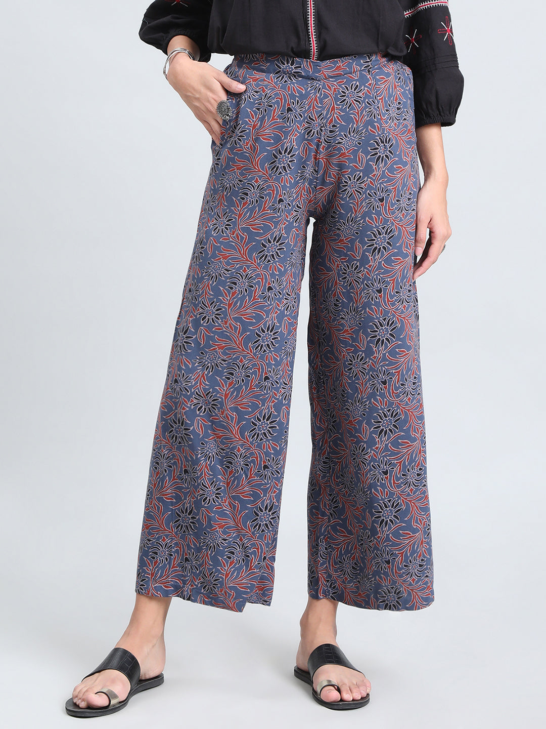 Navy Woven Viscose Printed Palazzo