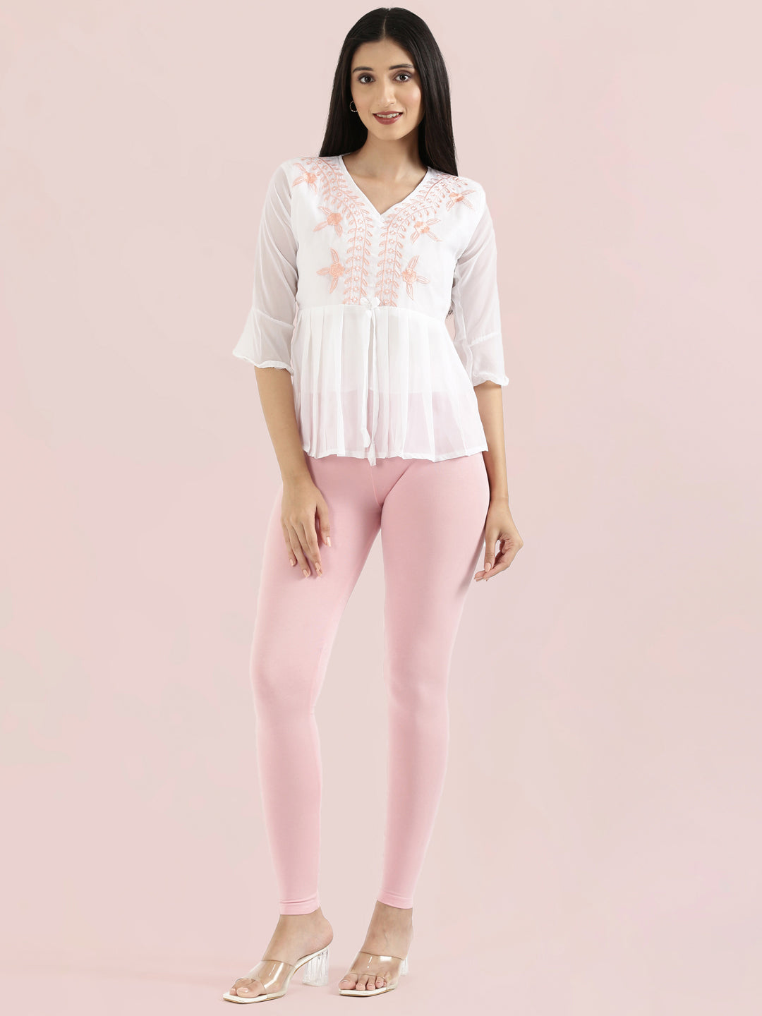 Pastel Pink Cotton Stretch Ankle Length Leggings