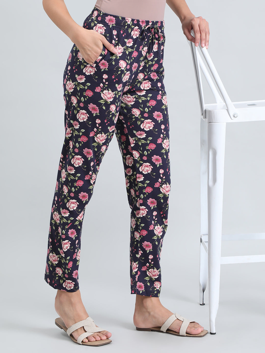 Navy Cotton Knit Printed Lounge Pants