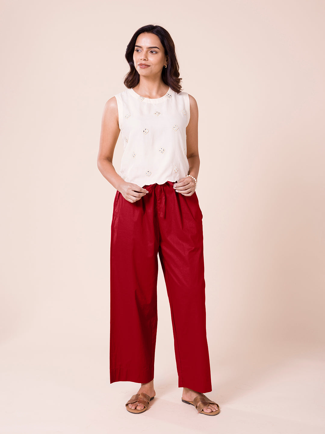 Light Maroon Cotton Wide Leg Pants