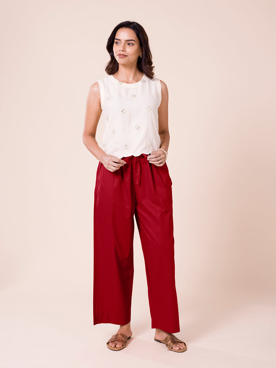 Women Solid Maroon Cotton Wide Leg Pants