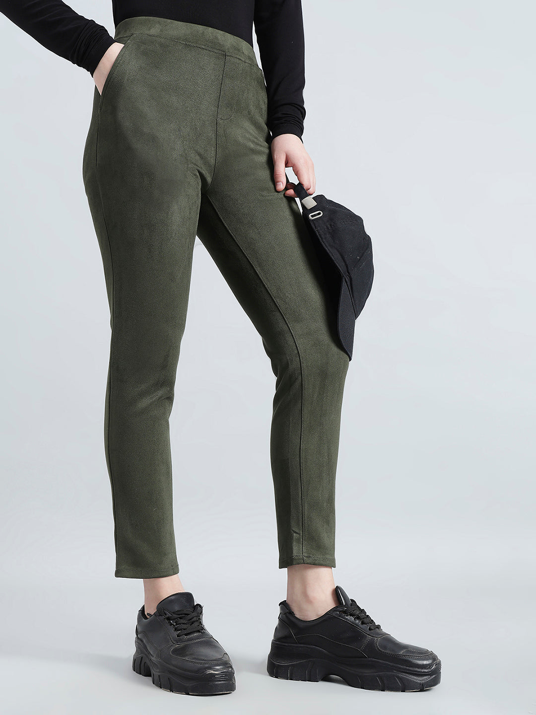 Dark Olive Poly Stretch Suede Tregging