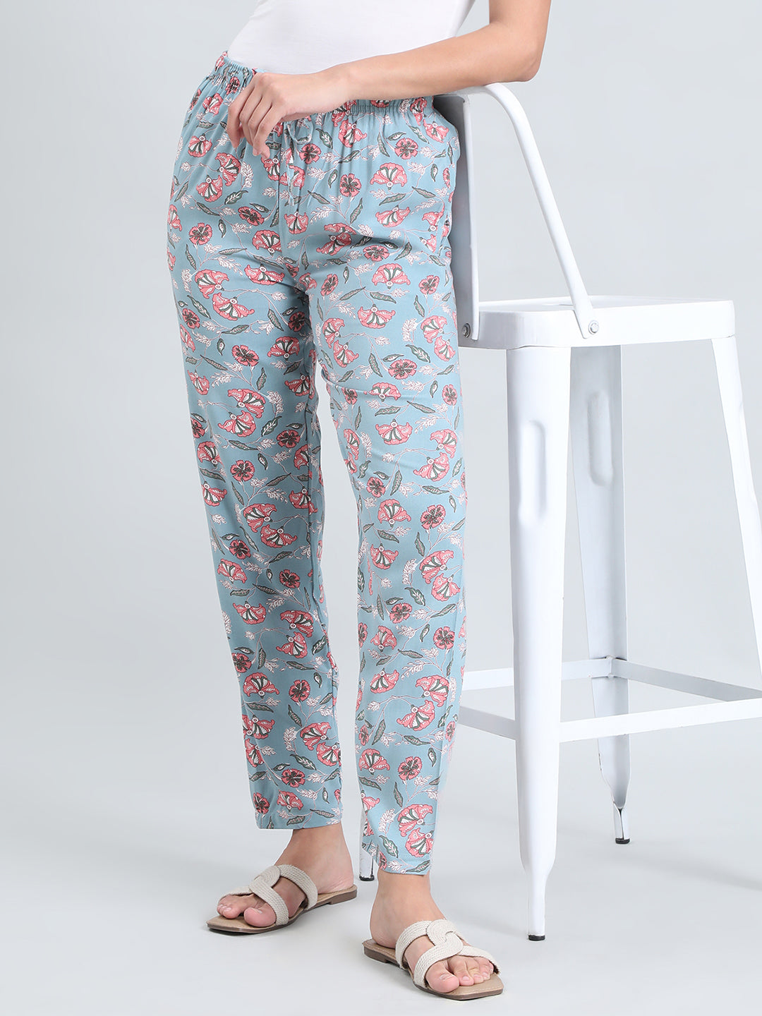 Blue Woven Viscose Printed Lounge Pants