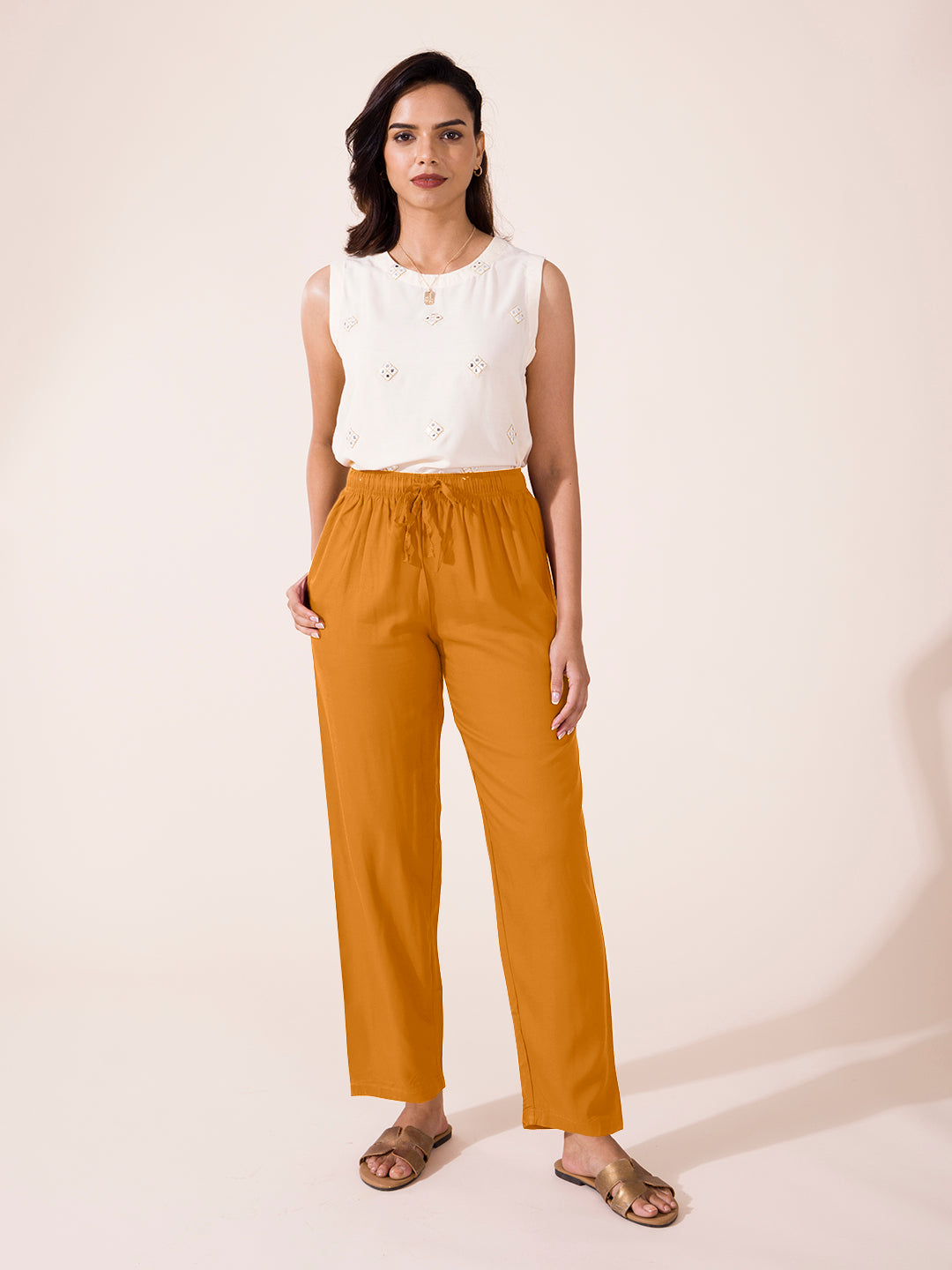 Light Mustard Woven Viscose Casual Pants