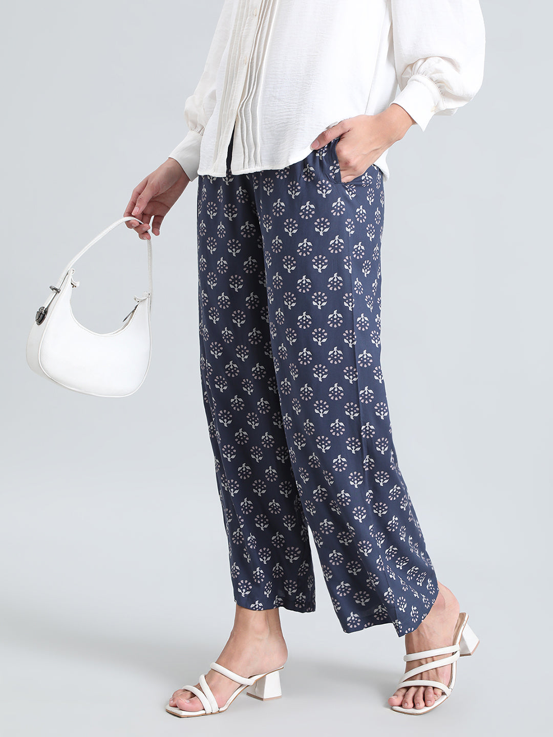 Navy Woven Viscose Printed Palazzo