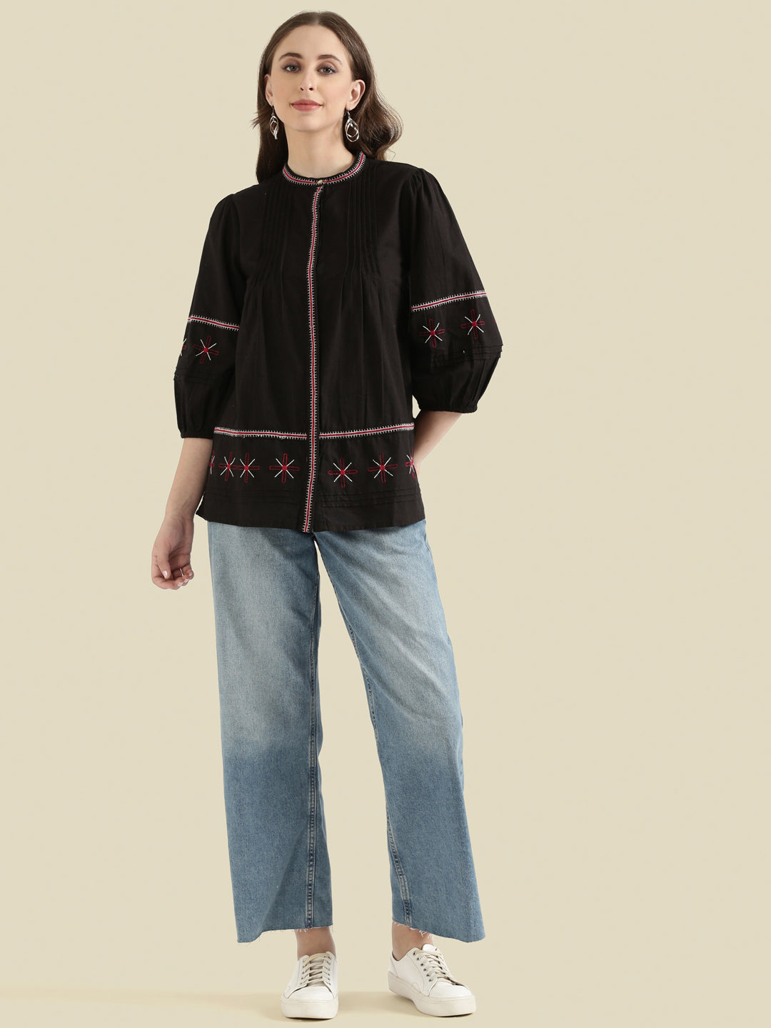 Cotton Embroidered Pintuck Blouse