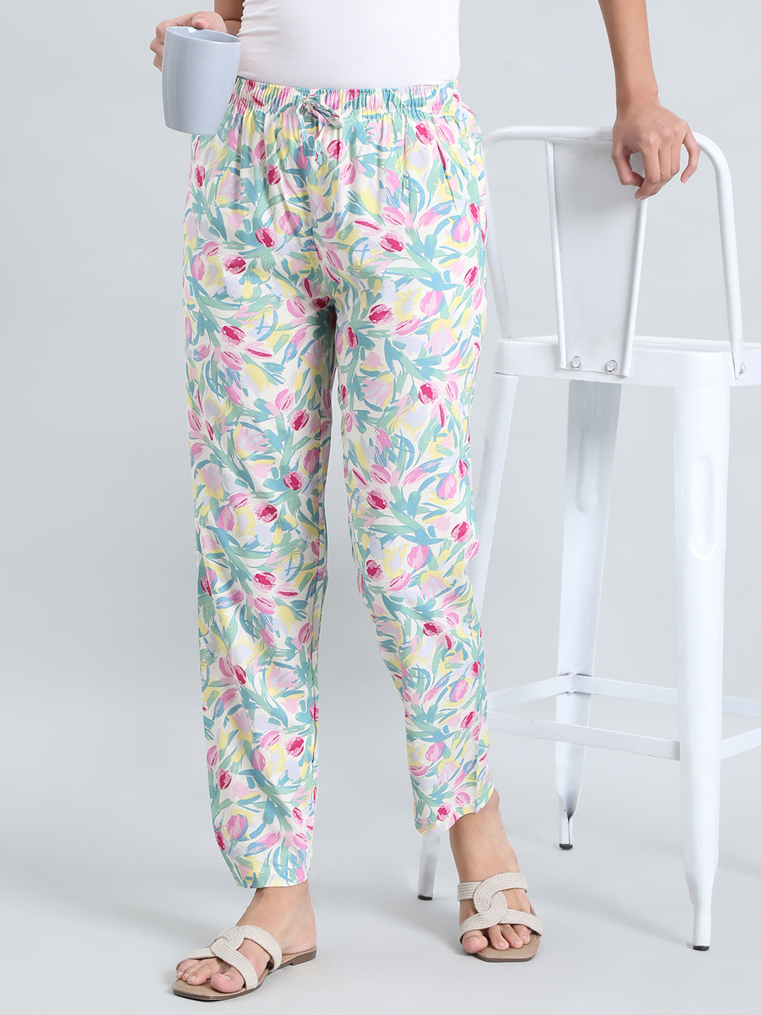 White Woven Viscose Printed Lounge Pants