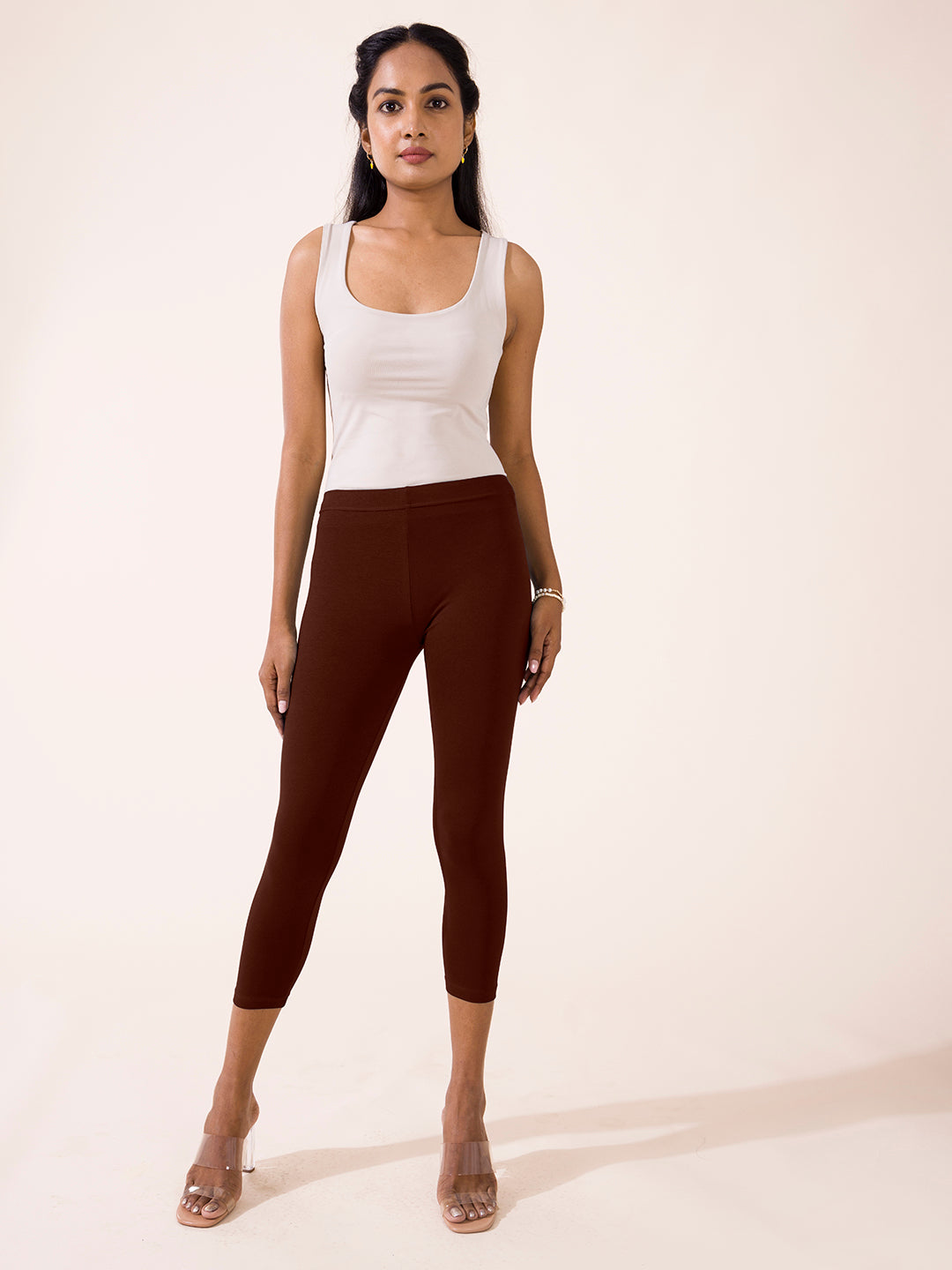 Dark Brown Cotton Stretch Cropped Leggings