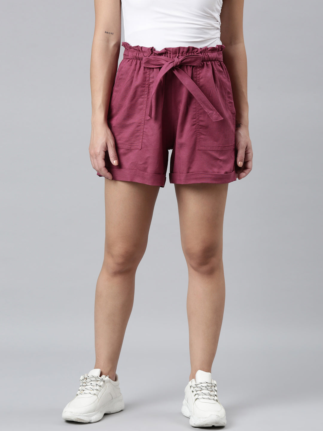 Plum Linen Viscose Blend Shorts