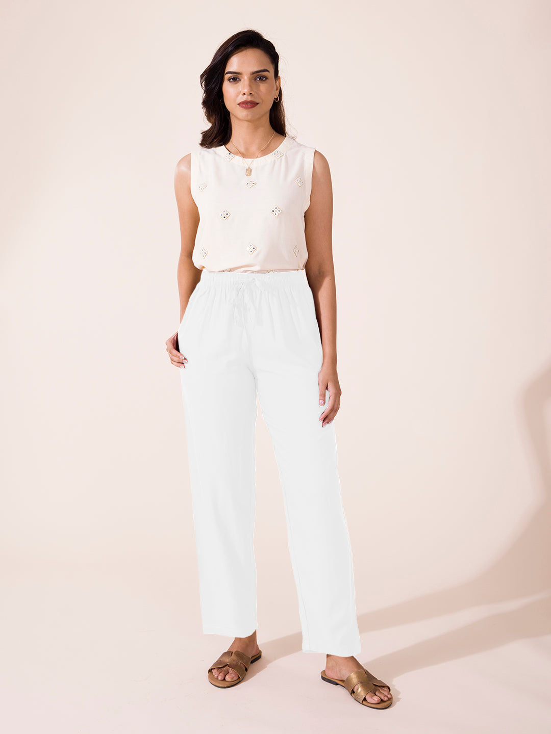 White Woven Viscose Casual Pants