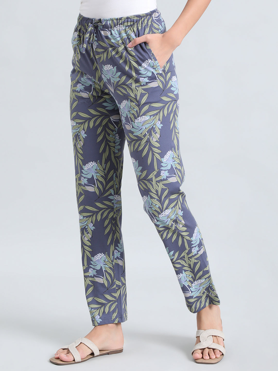 Blue Cotton Knit Printed Lounge Pants