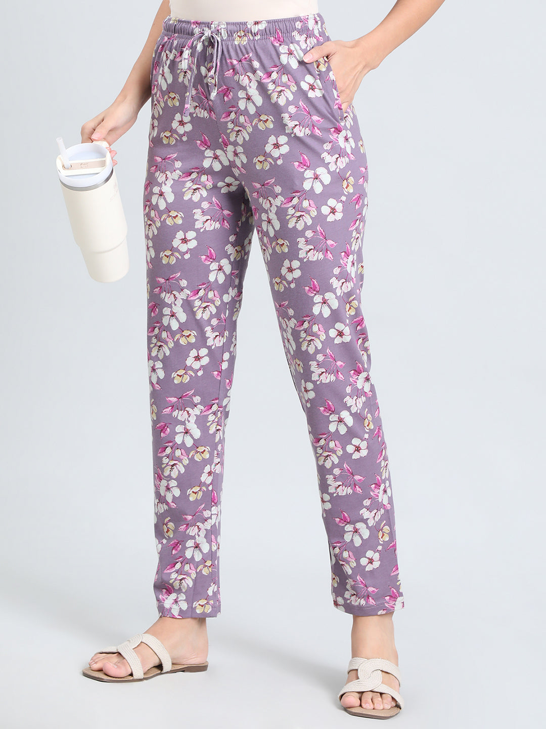 Purple Cotton Knit Printed Lounge Pants