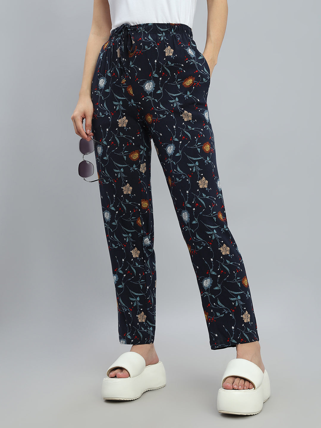 Navy Woven Viscose Printed Lounge Pants
