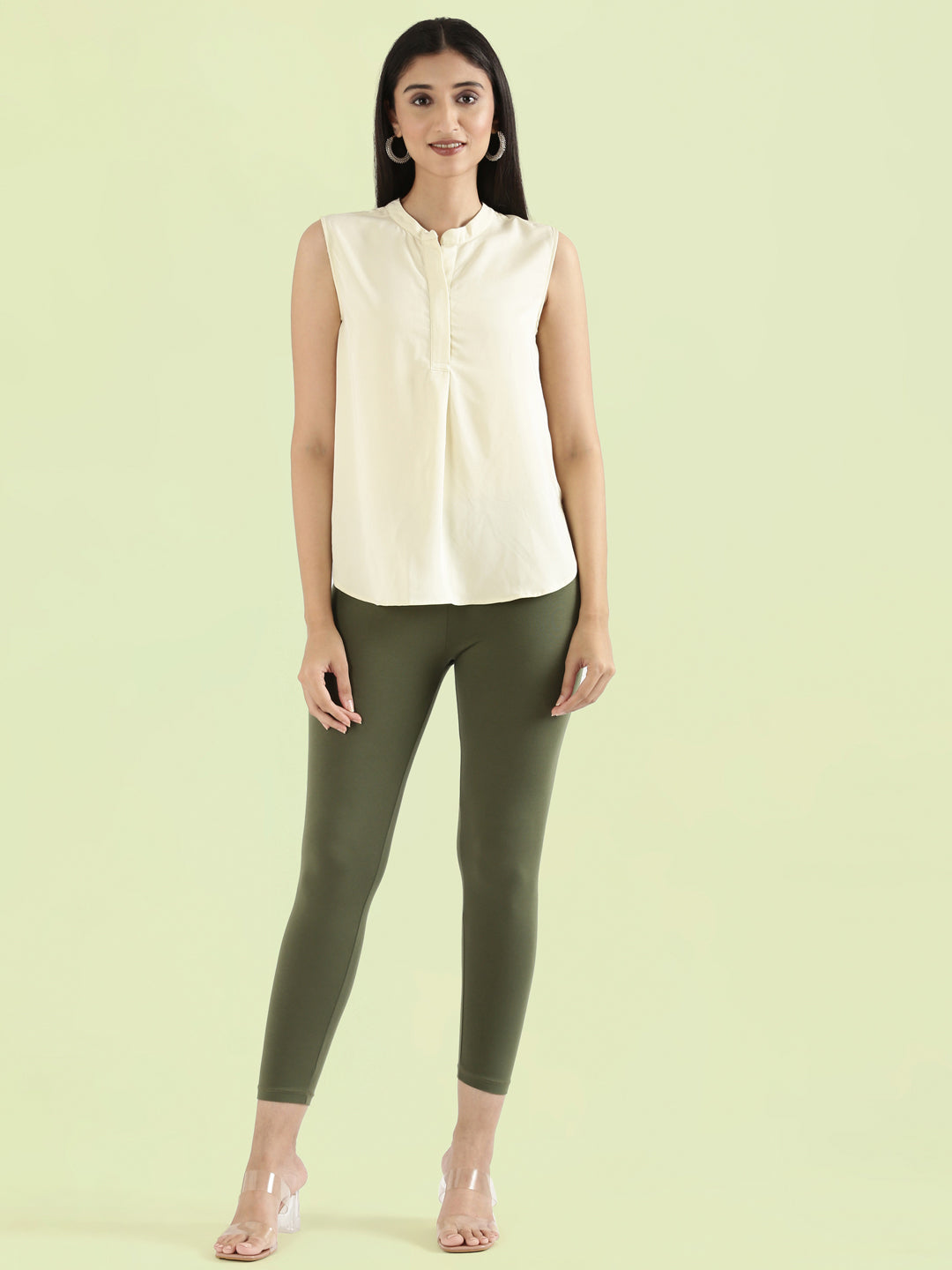 Olive Green Cotton Stretch Cropped Leggings