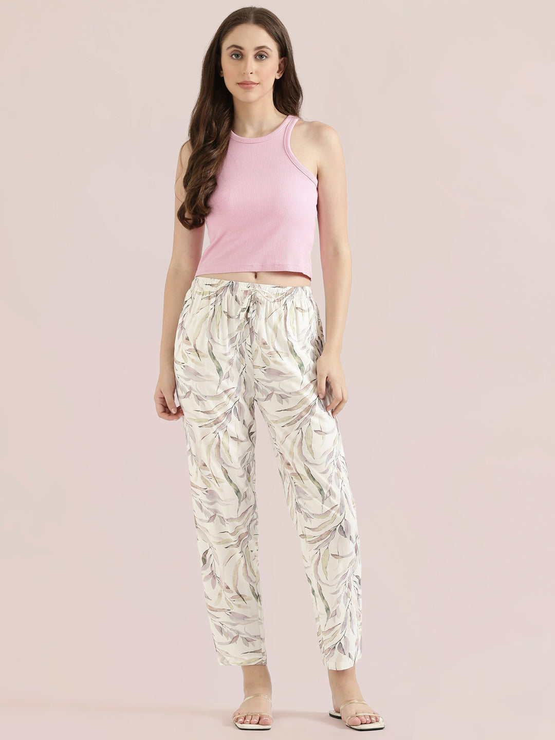White Woven Viscose Printed Lounge Pants