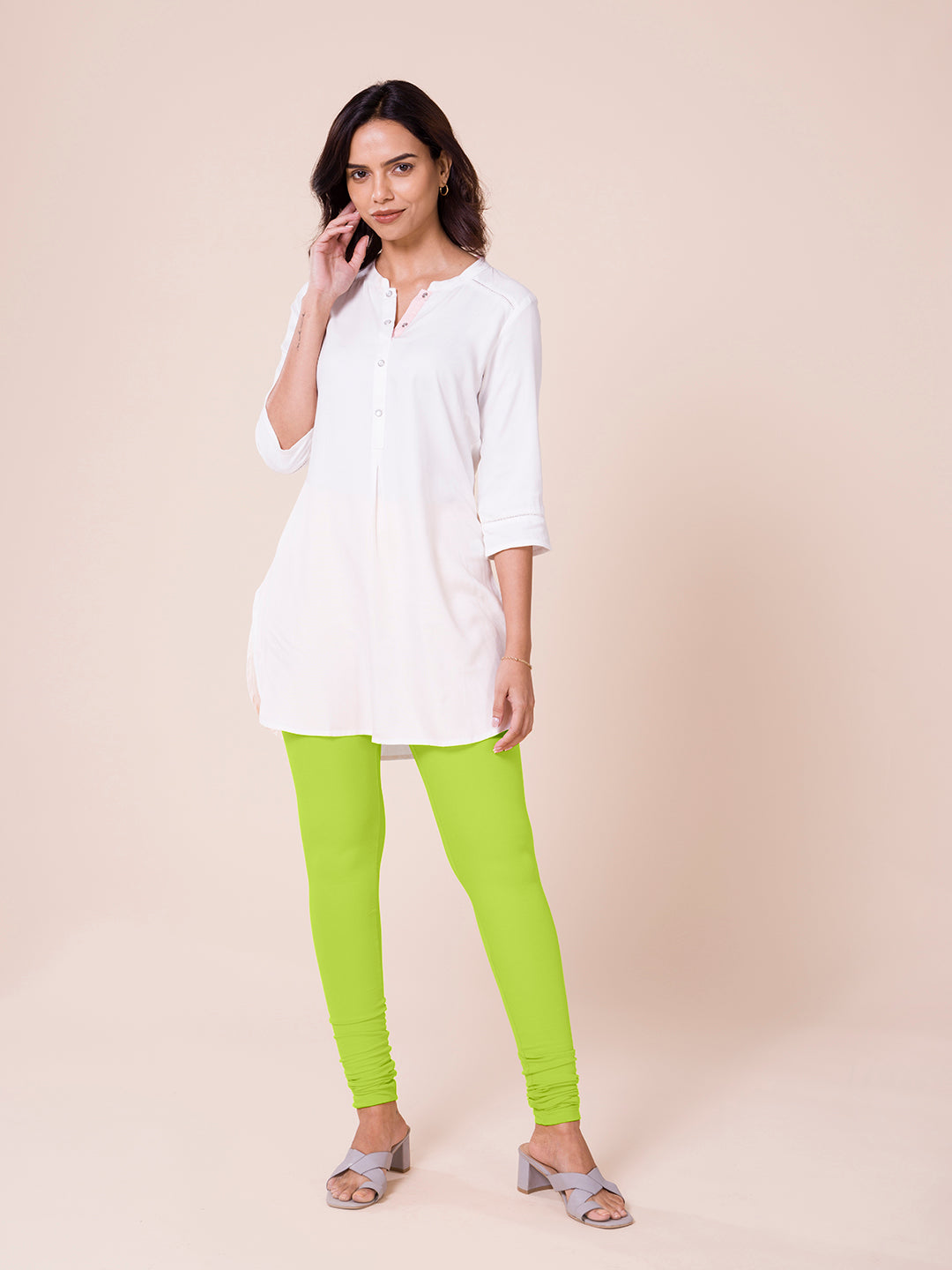 Solid Knit Churidar Leggings - Lime Green, Women, Indian Clothing