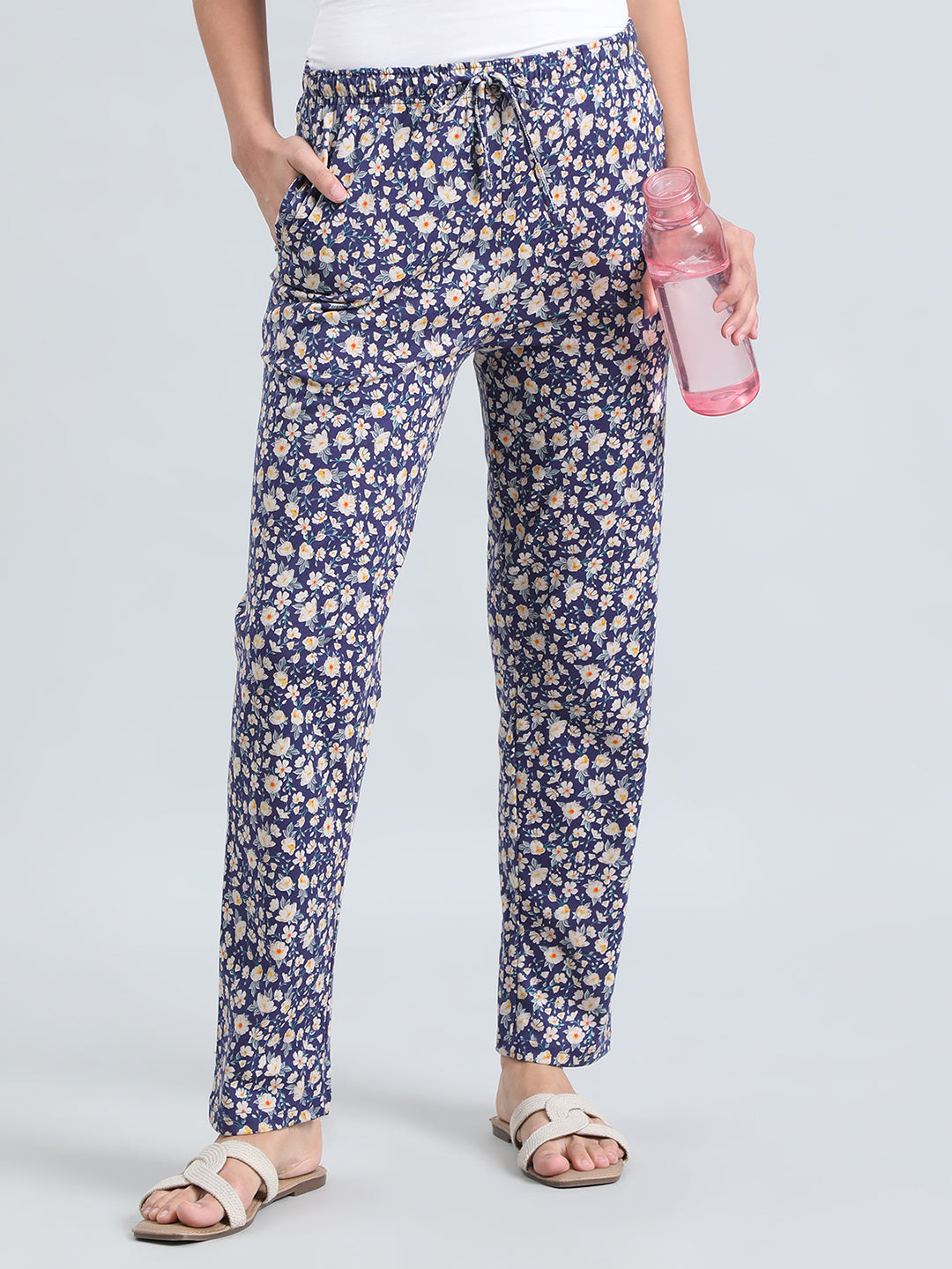 Navy Cotton Knit Printed Lounge Pants