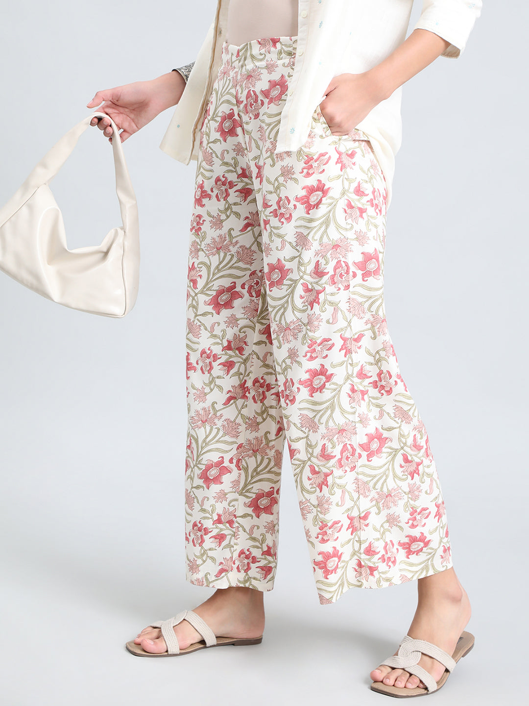 White Woven Viscose Printed Palazzo