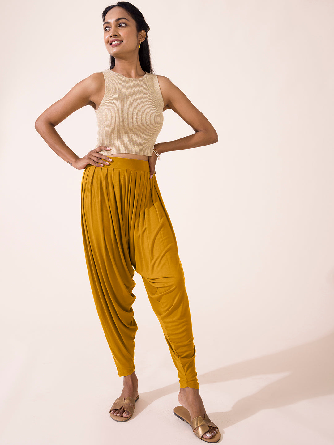 Buy GO COLORS Gold Womens Solid Dhoti Pants | Shoppers Stop