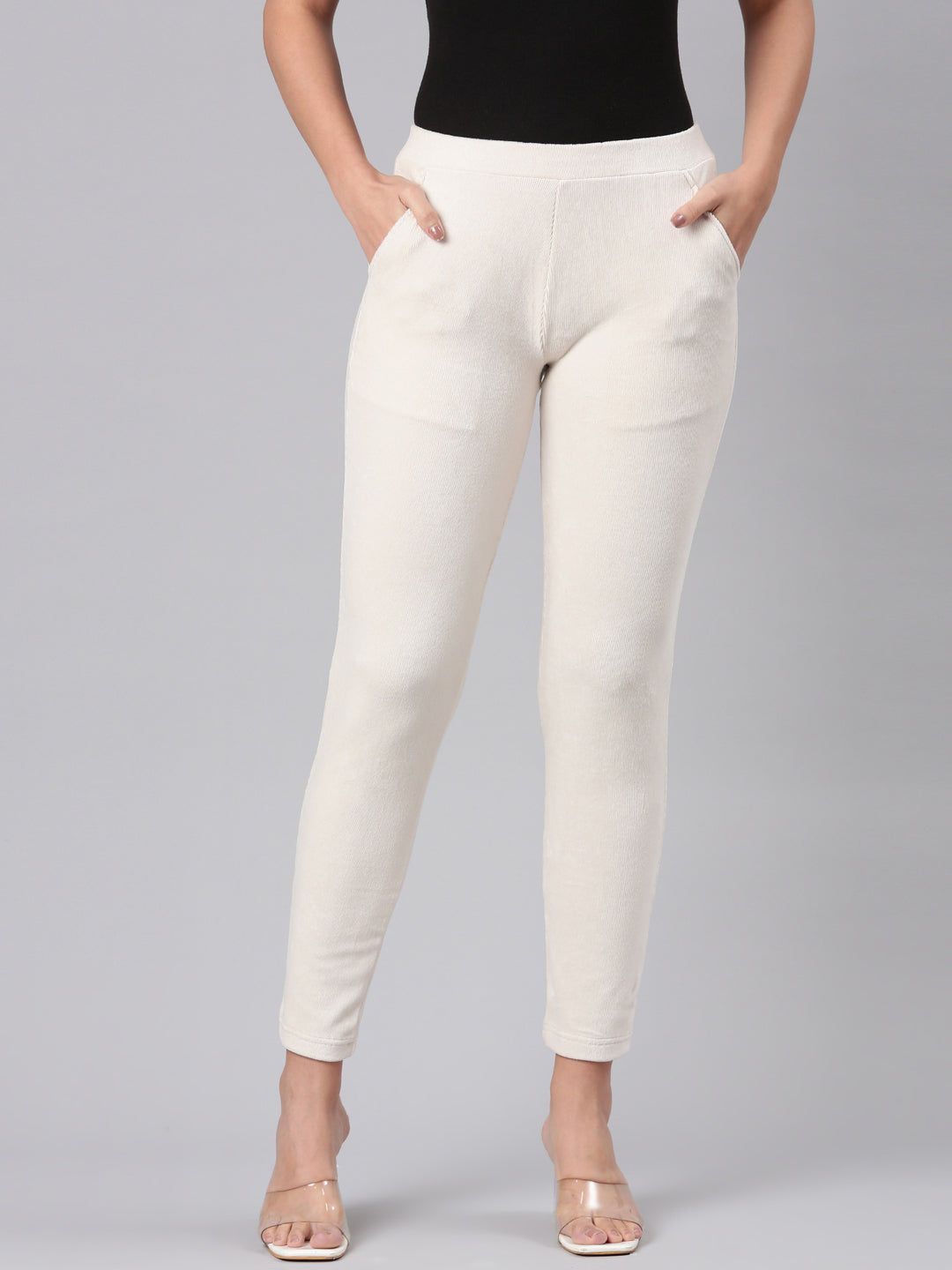 Cream Cotton Polyester Corduroy Jeggings