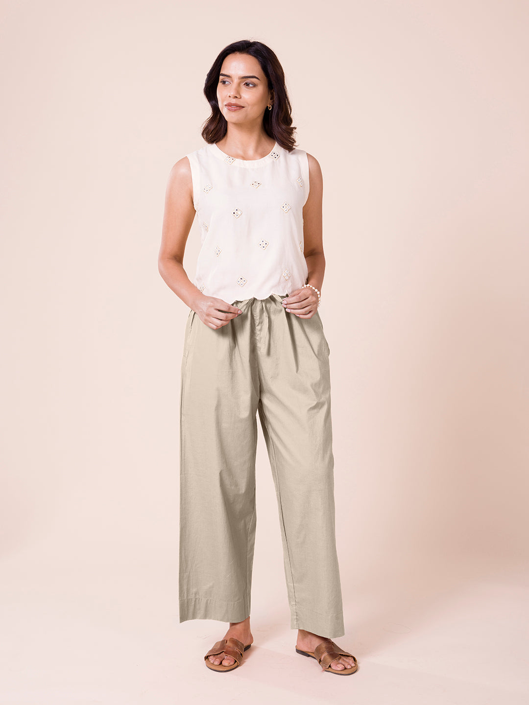 Light Beige Cotton Wide Leg Pants