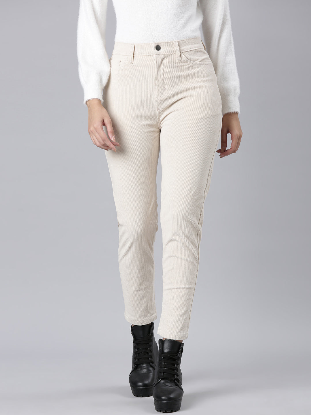 Cream Tight Knit Corduroy Pants