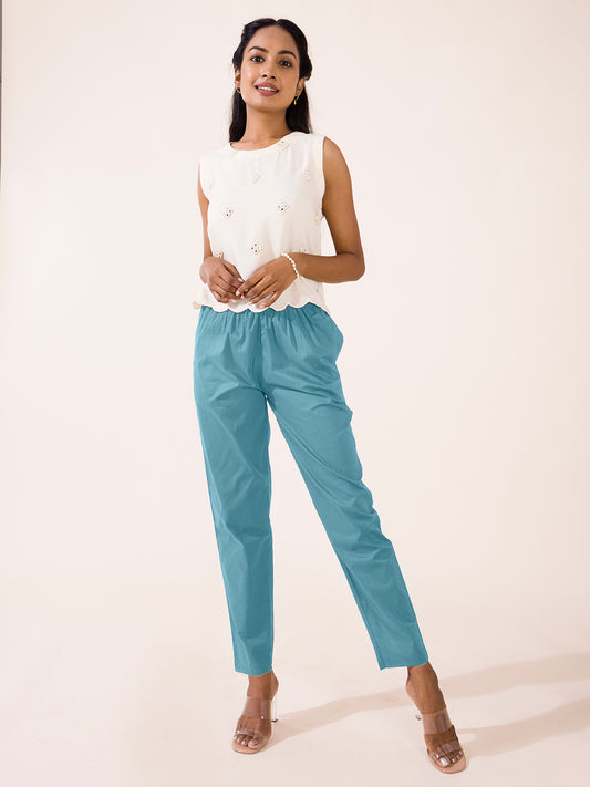 Sky Blue Cotton Cambric Cotton Pants