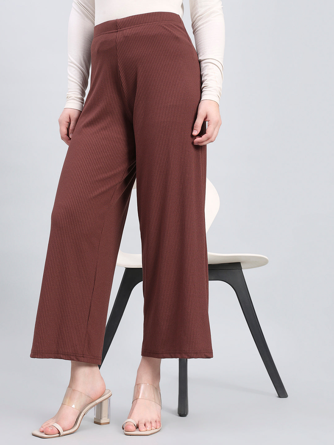 Brown Drop Needle Fabric Rib Palazzo