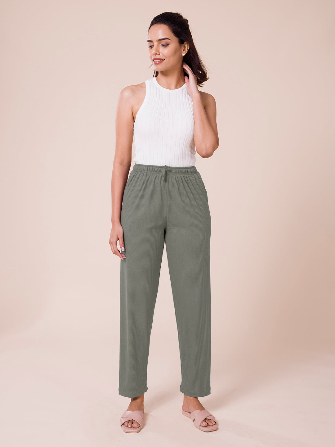 Ebony Grey Drop Needle Fabric Casual Rib Pant