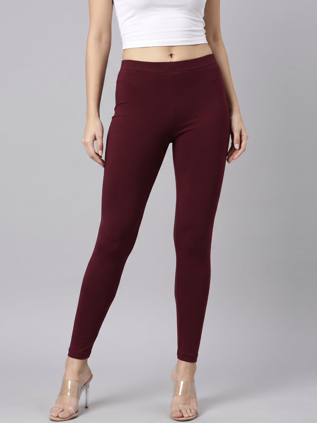 Bright Maroon Cotton Stretch Ankle Length Leggings