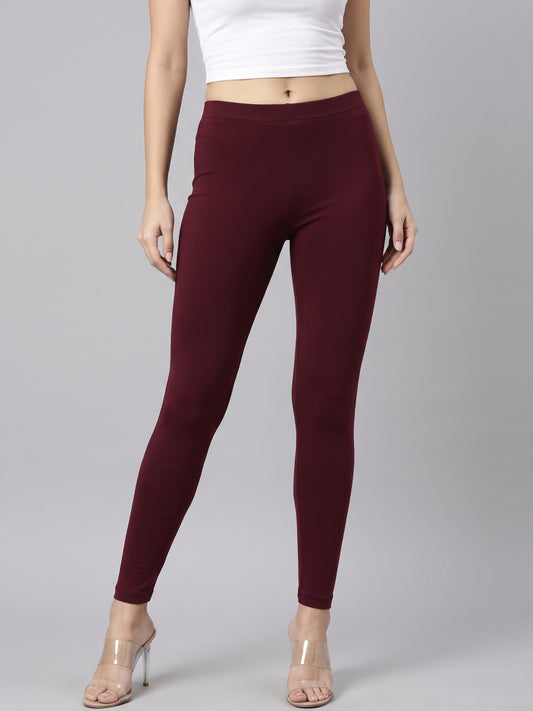 Bright Maroon Cotton Stretch Ankle Length Leggings